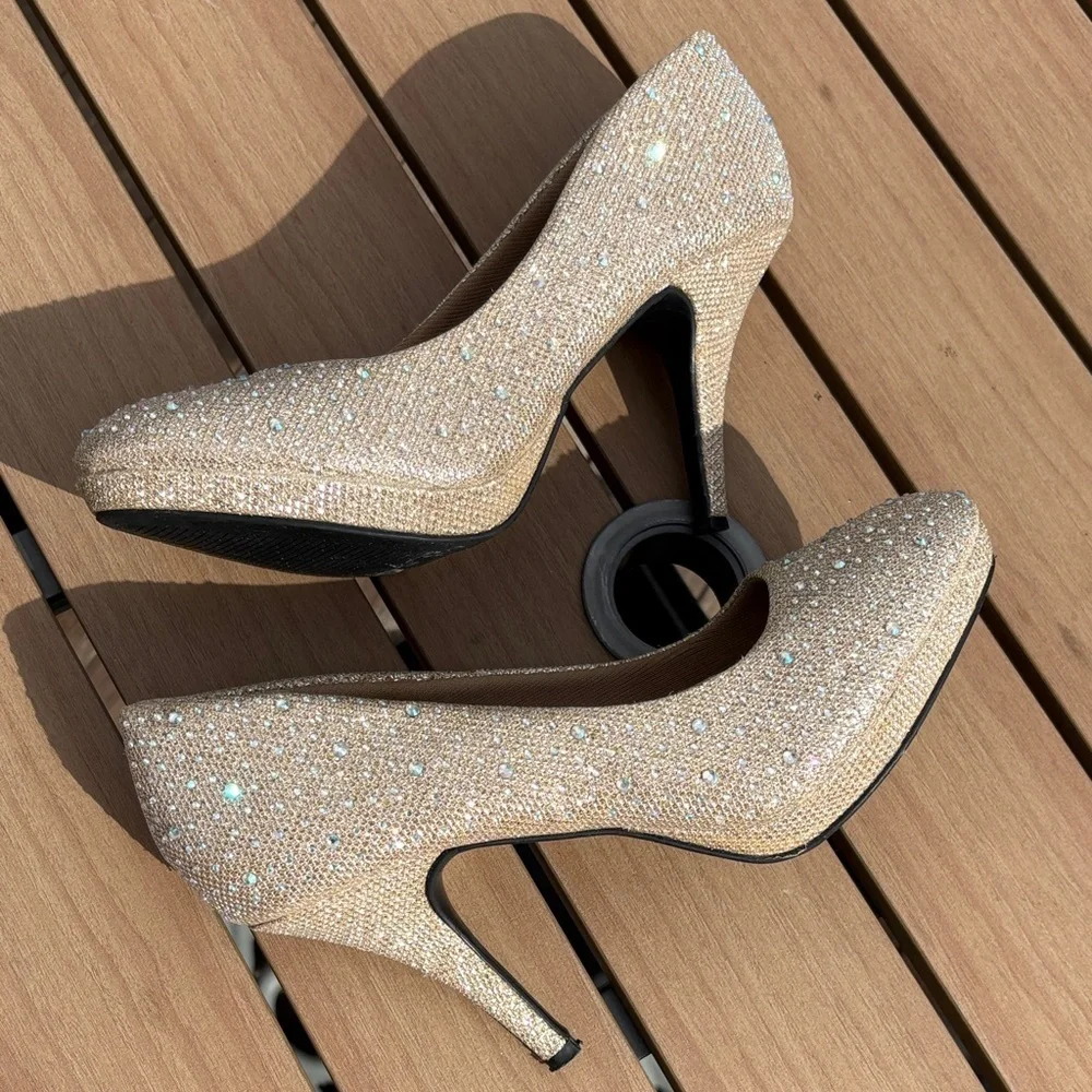 Women's Heels in Glittering Cream Rhinestones Silver Slipper Sparkling - Picture 7 of 13